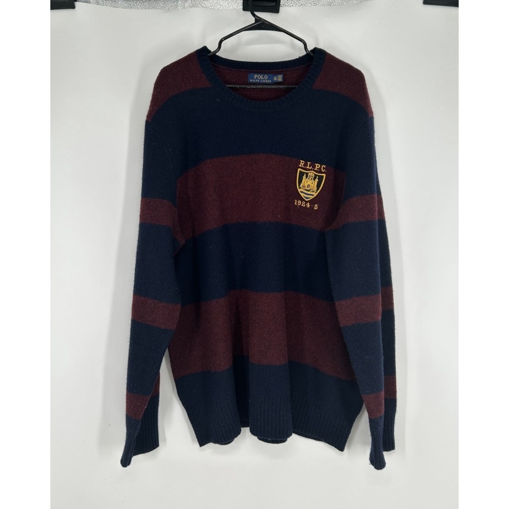 Polo Ralph Lauren Sweater Navy Burgundy Maroon Striped Rugby Wool Crewneck 2XL